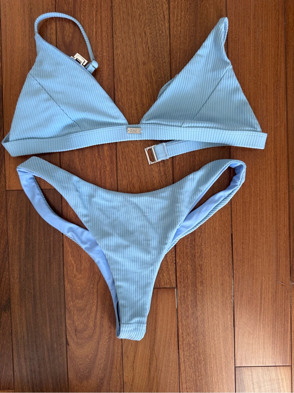 Fae Luna top and Zenith bottom, Light Blue Ribbed Triangle Bikini Set